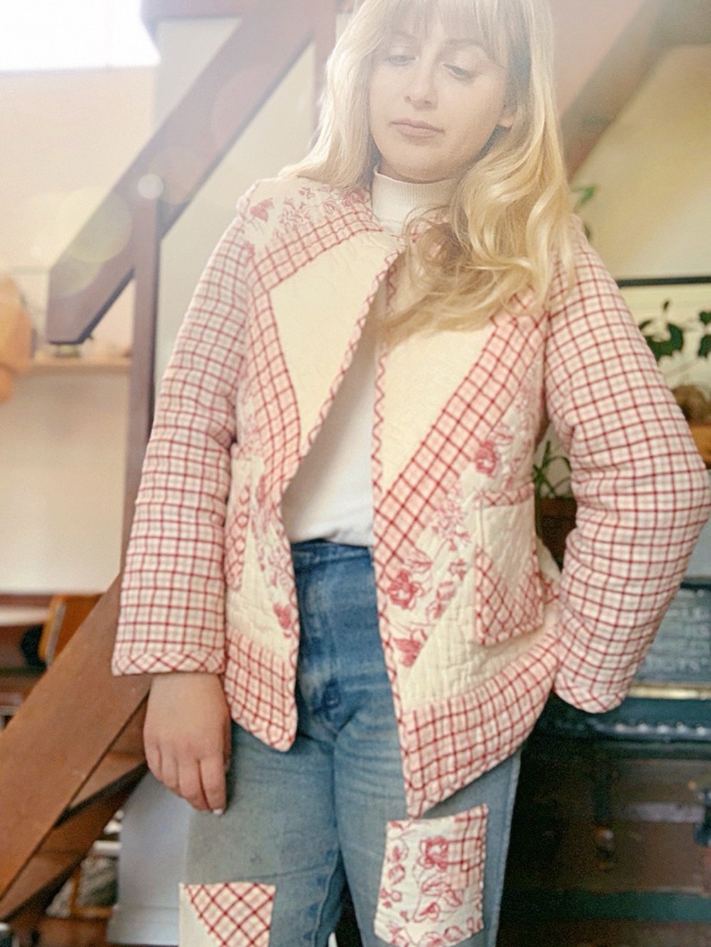 Homemade Quilted Floral & Plaid Open Front Jacket - Cream and Red